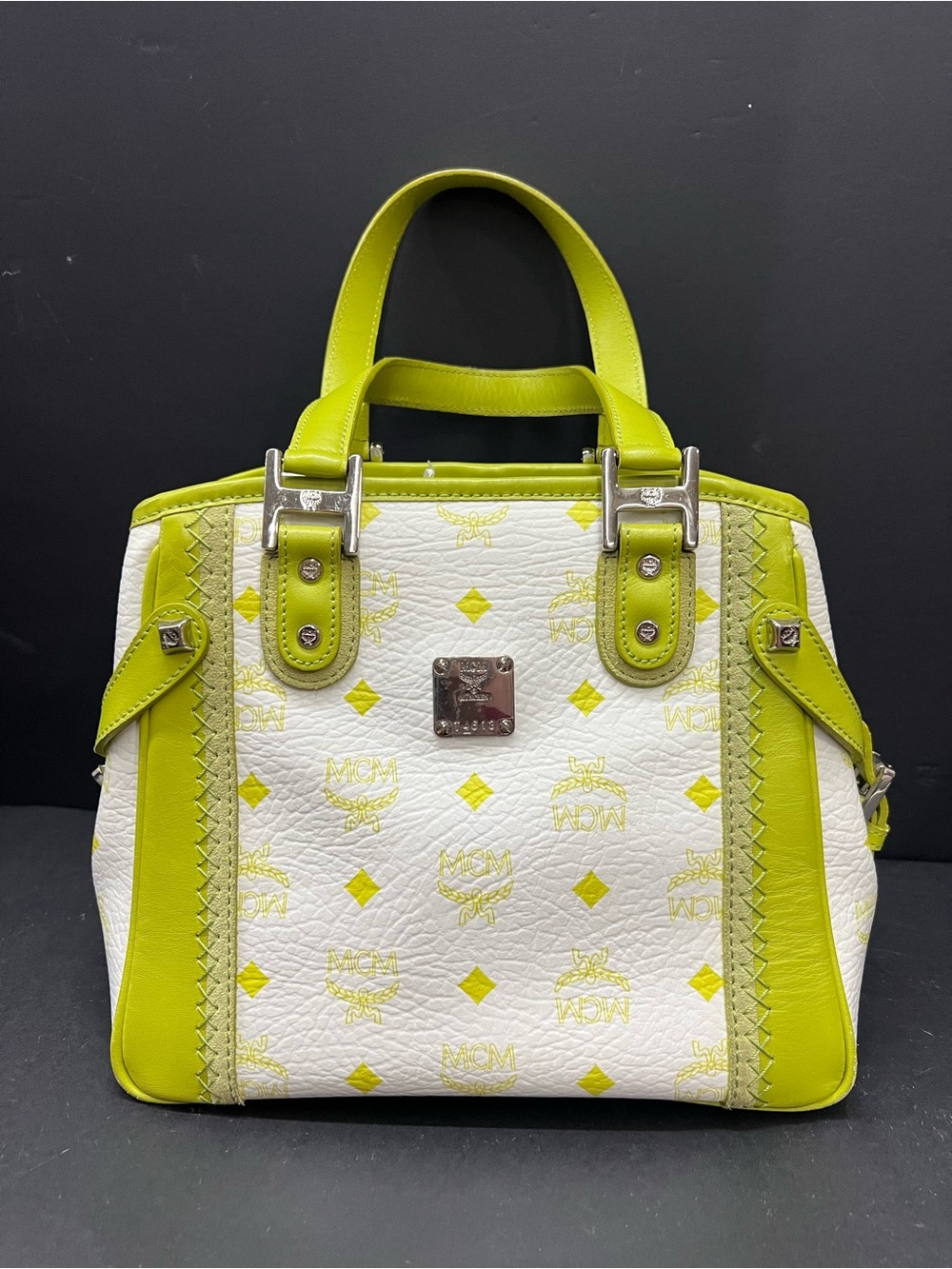 MCM White and Lime Leather Top-Handle Satchel